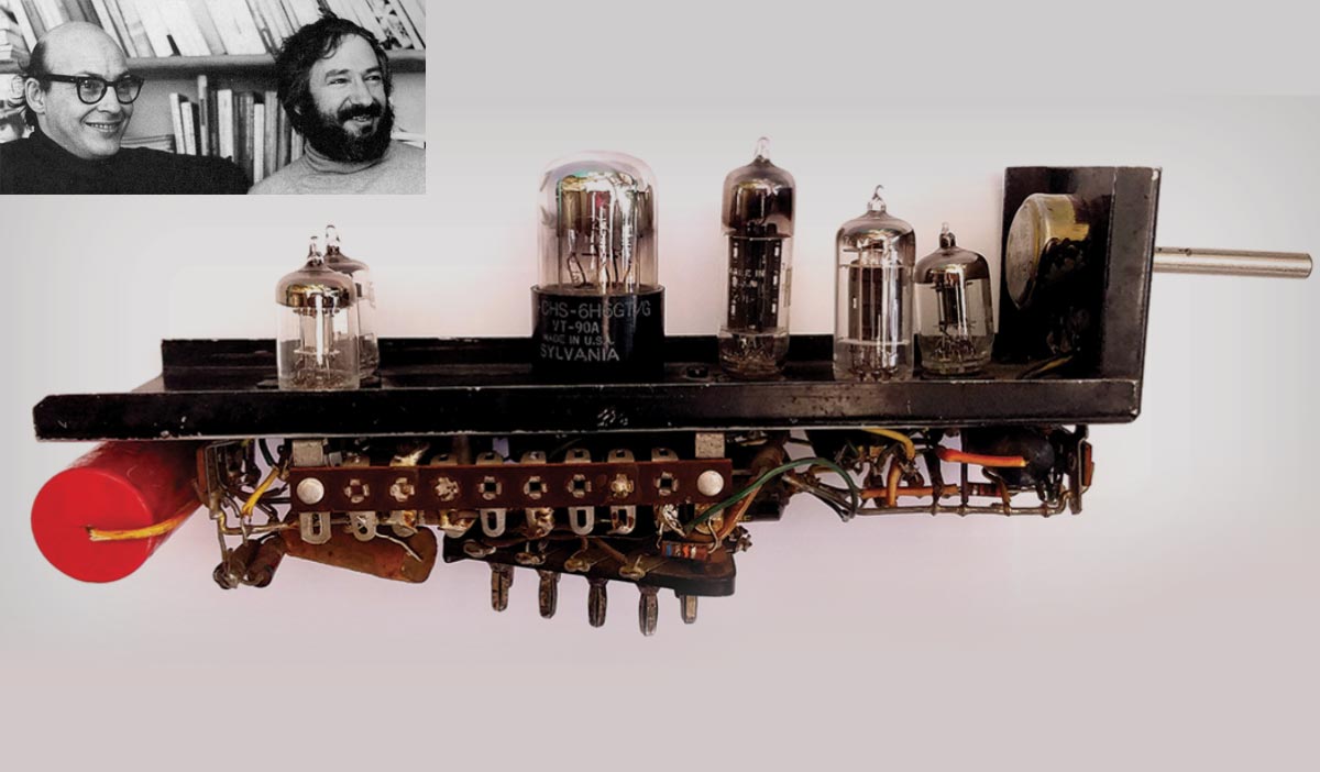 Marvin Minsky (left), Dean Edmonds (right) and the SNARC machine with 40 Hebb synapses.