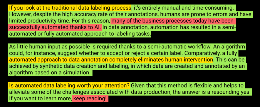 Comparison service from Label Your Data lets you analyze large volumes 
                    of text data to identify similarities and differences. By processing customer feedback, 
                    social media posts, and other sources of data, we can identify common themes and trends 
                    and help you gain a better understanding of your market.