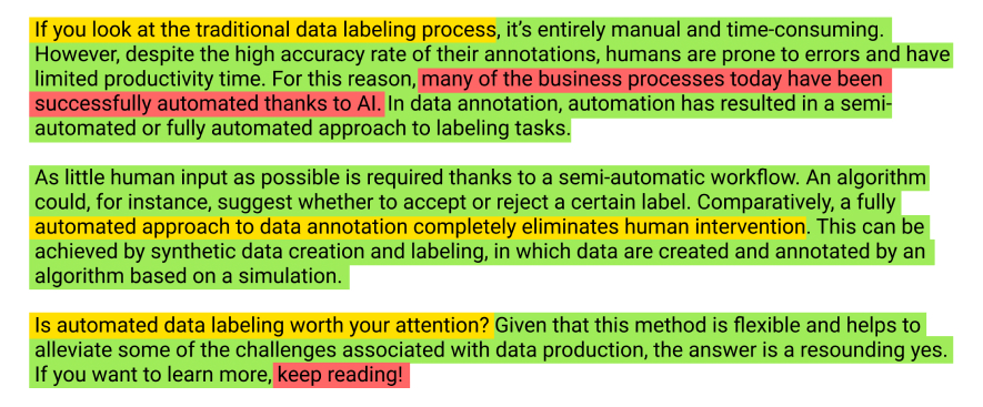 Comparison service from Label Your Data lets you analyze large volumes 
                    of text data to identify similarities and differences. By processing customer feedback, 
                    social media posts, and other sources of data, we can identify common themes and trends 
                    and help you gain a better understanding of your market.